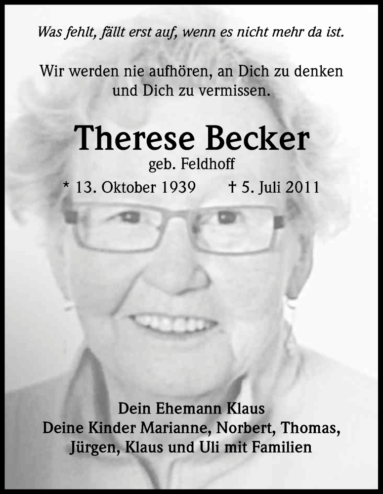  Traueranzeige für Therese Becker vom 05.07.2014 aus Kölner Stadt-Anzeiger / Kölnische Rundschau / Express