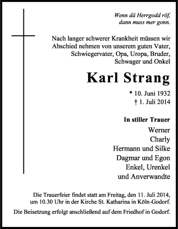 Anzeige von Karl Strang von Kölner Stadt-Anzeiger / Kölnische Rundschau / Express