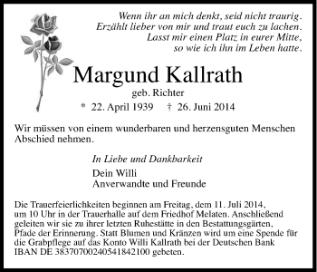 Anzeige von Margund Kallrath von Kölner Stadt-Anzeiger / Kölnische Rundschau / Express