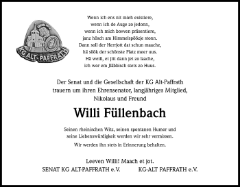 Anzeige von Willi  Füllenbach von Kölner Stadt-Anzeiger / Kölnische Rundschau / Express