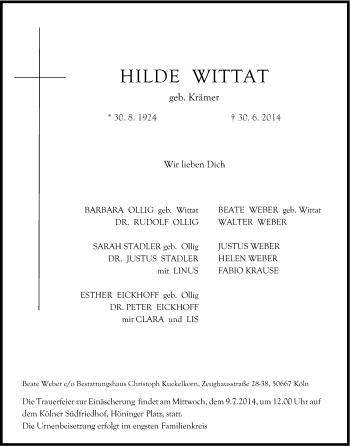 Anzeige von Hilde Wittat von Kölner Stadt-Anzeiger / Kölnische Rundschau / Express