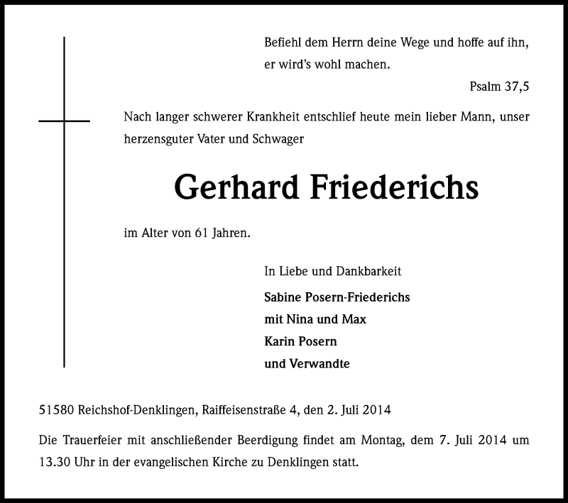  Traueranzeige für Gerhard Friederichs vom 04.07.2014 aus Kölner Stadt-Anzeiger / Kölnische Rundschau / Express