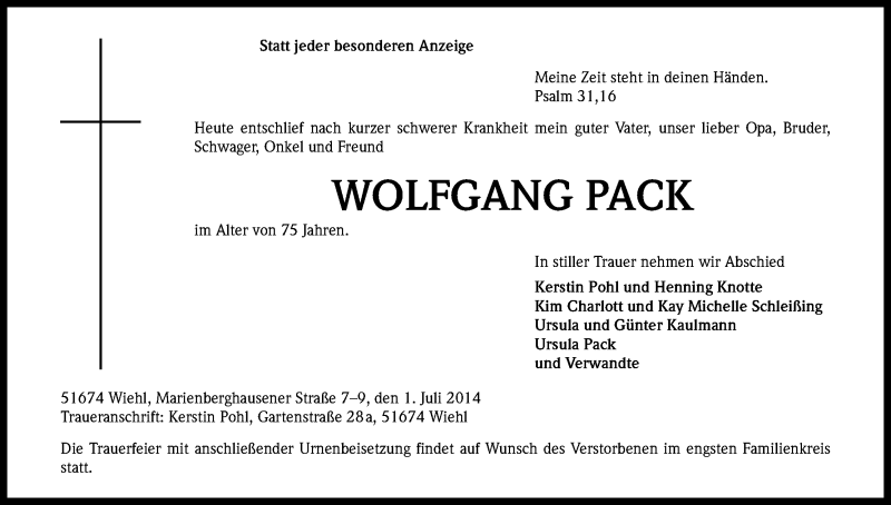  Traueranzeige für Wolfgang Pack vom 05.07.2014 aus Kölner Stadt-Anzeiger / Kölnische Rundschau / Express