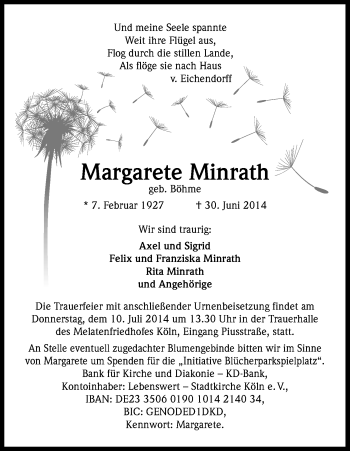 Anzeige von Margarete Minrath von Kölner Stadt-Anzeiger / Kölnische Rundschau / Express