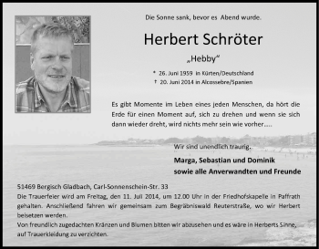 Anzeige von Herbert Schröter von Kölner Stadt-Anzeiger / Kölnische Rundschau / Express