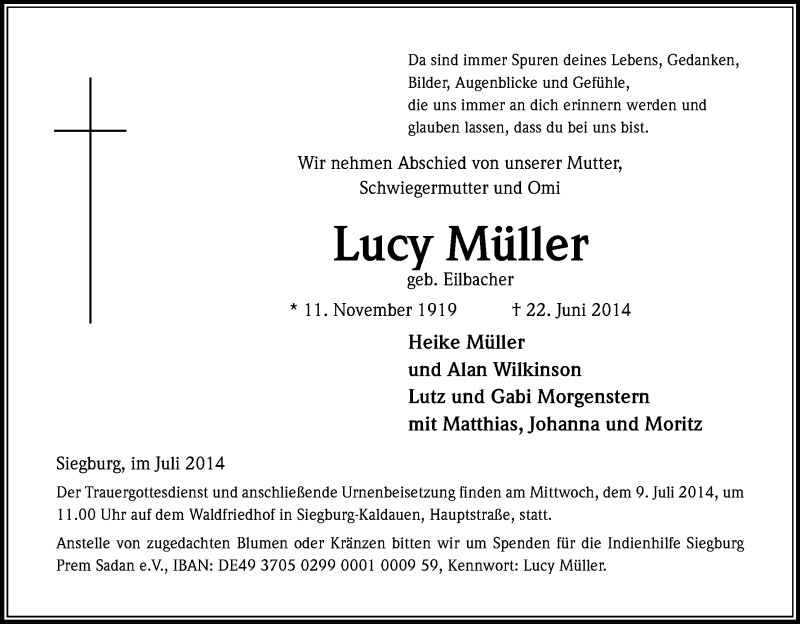  Traueranzeige für Lucy Müller vom 05.07.2014 aus Kölner Stadt-Anzeiger / Kölnische Rundschau / Express