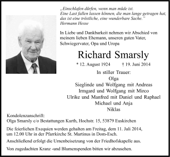 Anzeige von Richard Smarsly von Kölner Stadt-Anzeiger / Kölnische Rundschau / Express