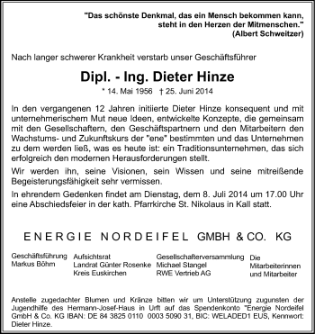 Anzeige von Dieter Hinze von Kölner Stadt-Anzeiger / Kölnische Rundschau / Express