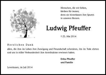 Anzeige von Ludwig Pfeuffer von Kölner Stadt-Anzeiger / Kölnische Rundschau / Express