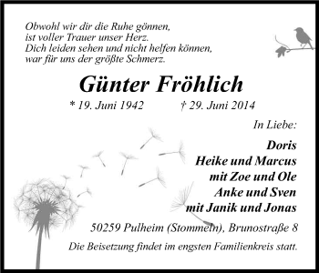 Anzeige von Günter Fröhlich von Kölner Stadt-Anzeiger / Kölnische Rundschau / Express