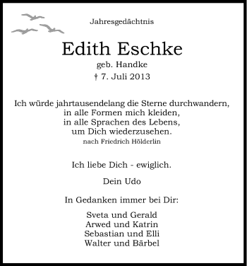 Anzeige von Edith Eschke von Kölner Stadt-Anzeiger / Kölnische Rundschau / Express