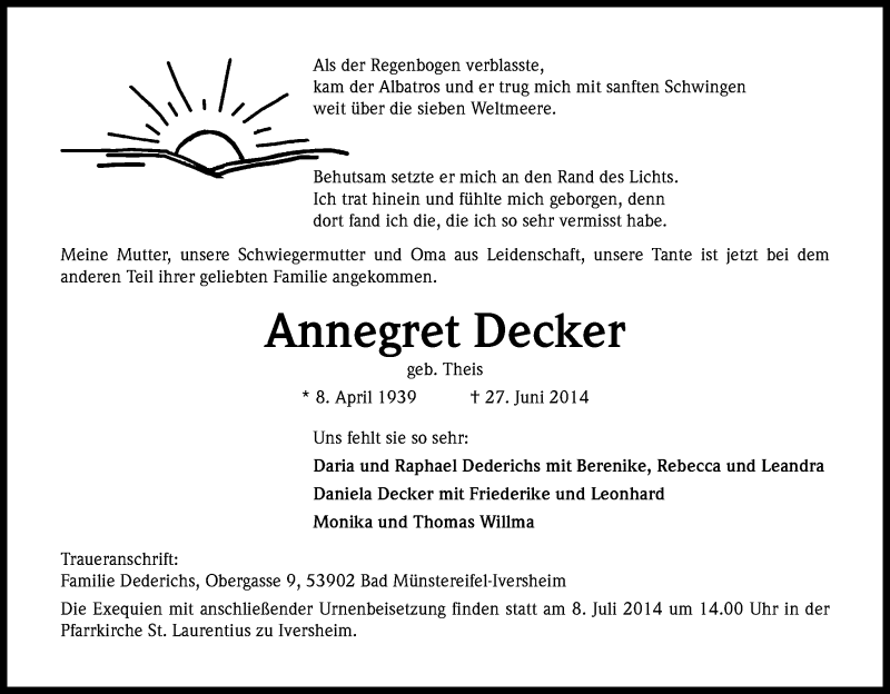  Traueranzeige für Annegret Decker vom 05.07.2014 aus Kölner Stadt-Anzeiger / Kölnische Rundschau / Express