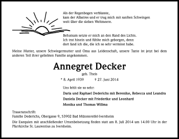 Anzeige von Annegret Decker von Kölner Stadt-Anzeiger / Kölnische Rundschau / Express