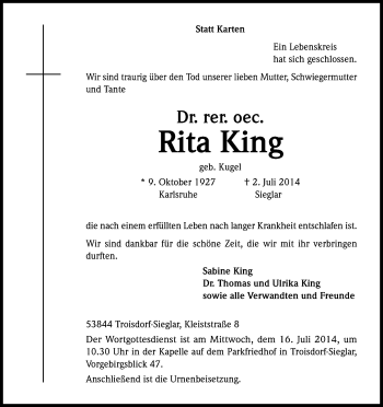 Anzeige von Rita King von Kölner Stadt-Anzeiger / Kölnische Rundschau / Express