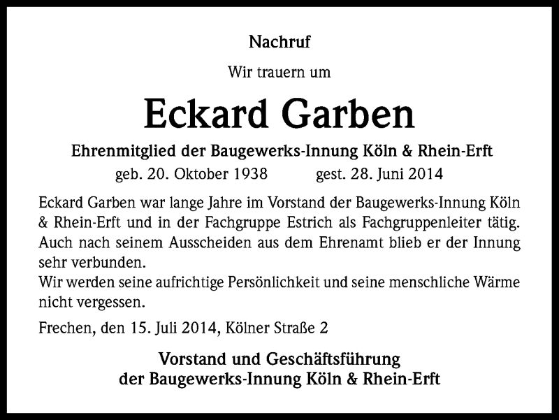  Traueranzeige für Eckard Garben vom 15.07.2014 aus Kölner Stadt-Anzeiger / Kölnische Rundschau / Express