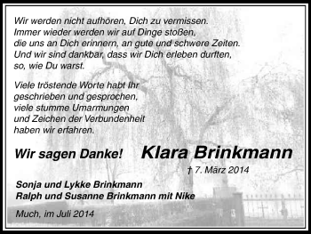 Anzeige von Klara Brinkmann von Kölner Stadt-Anzeiger / Kölnische Rundschau / Express