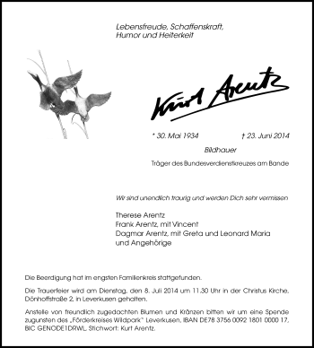 Anzeige von Kurt Arentz von Kölner Stadt-Anzeiger / Kölnische Rundschau / Express