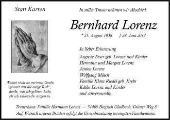 Anzeige von Bernhard Lorenz von Kölner Stadt-Anzeiger / Kölnische Rundschau / Express