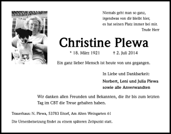 Anzeige von Christine Plewa von Kölner Stadt-Anzeiger / Kölnische Rundschau / Express