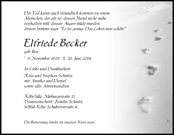 Anzeige von Elfriede Becker von Kölner Stadt-Anzeiger / Kölnische Rundschau / Express