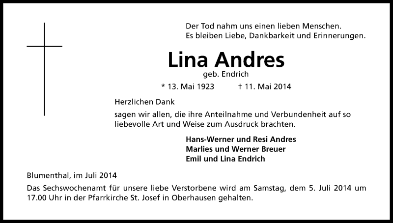  Traueranzeige für Lina Andres vom 04.07.2014 aus Kölner Stadt-Anzeiger / Kölnische Rundschau / Express
