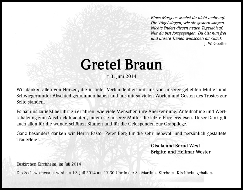  Traueranzeige für Gretel Braun vom 12.07.2014 aus Kölner Stadt-Anzeiger / Kölnische Rundschau / Express