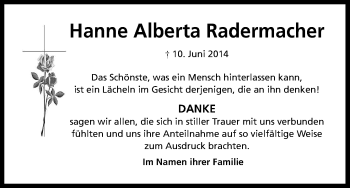 Anzeige von Hanne Alberta Radermacher von Kölner Stadt-Anzeiger / Kölnische Rundschau / Express