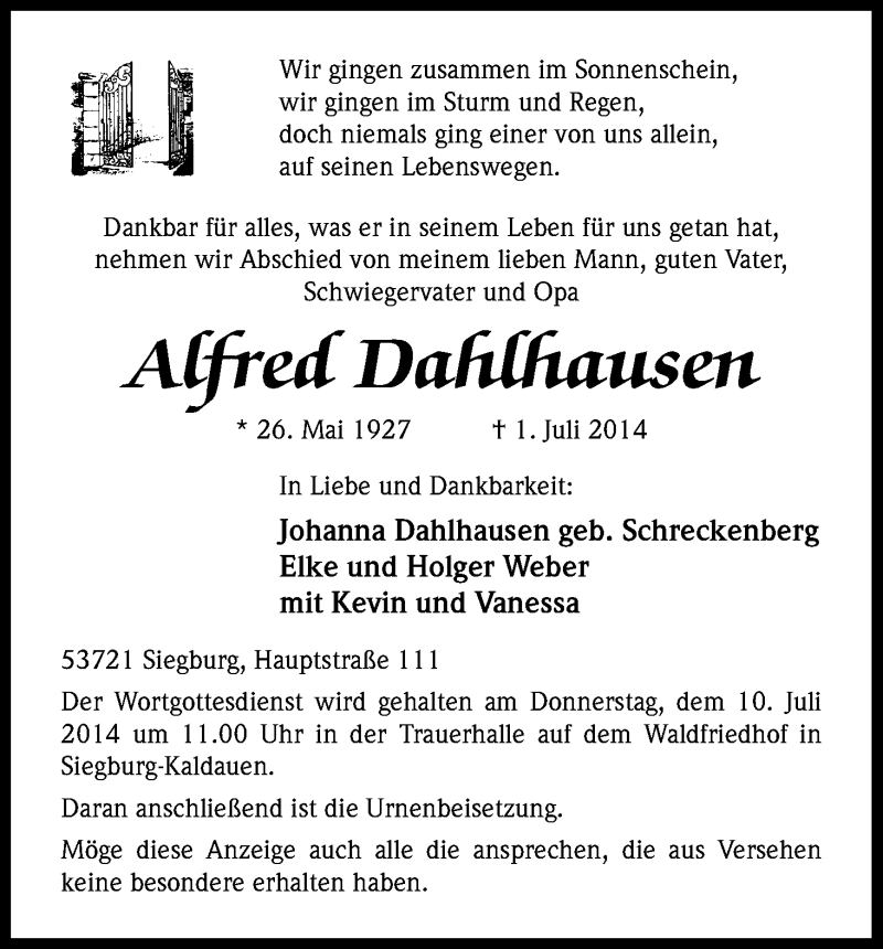  Traueranzeige für Affred Dahlhausen vom 05.07.2014 aus Kölner Stadt-Anzeiger / Kölnische Rundschau / Express