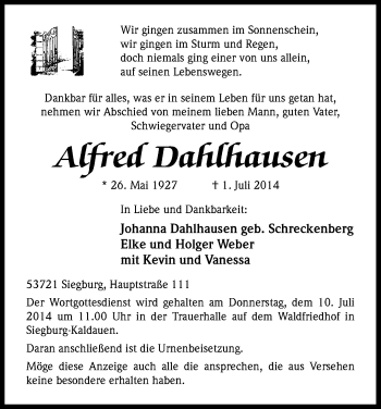 Anzeige von Affred Dahlhausen von Kölner Stadt-Anzeiger / Kölnische Rundschau / Express