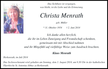 Anzeige von Christa Menrath von Kölner Stadt-Anzeiger / Kölnische Rundschau / Express