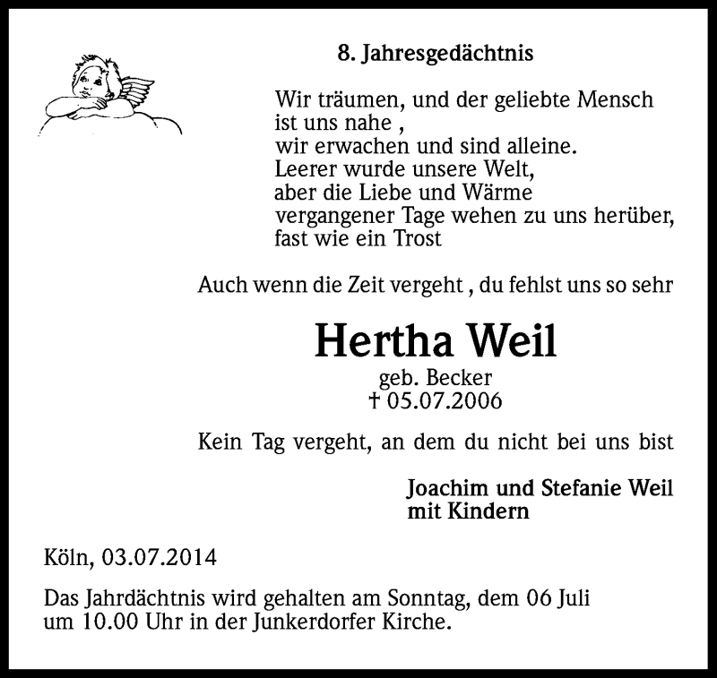  Traueranzeige für Hertha Weil vom 05.07.2014 aus Kölner Stadt-Anzeiger / Kölnische Rundschau / Express