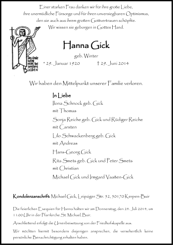 Anzeige von Hanna Gick von Kölner Stadt-Anzeiger / Kölnische Rundschau / Express