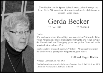 Anzeige von Gerda Becker von Kölner Stadt-Anzeiger / Kölnische Rundschau / Express
