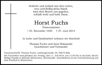 Anzeige von Horst Fuchs von Kölner Stadt-Anzeiger / Kölnische Rundschau / Express