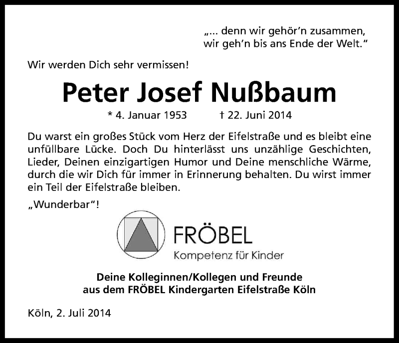  Traueranzeige für Peter Josef Nußbaum vom 04.07.2014 aus Kölner Stadt-Anzeiger / Kölnische Rundschau / Express