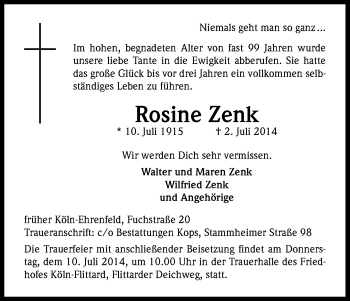 Anzeige von Rosine Zenk von Kölner Stadt-Anzeiger / Kölnische Rundschau / Express