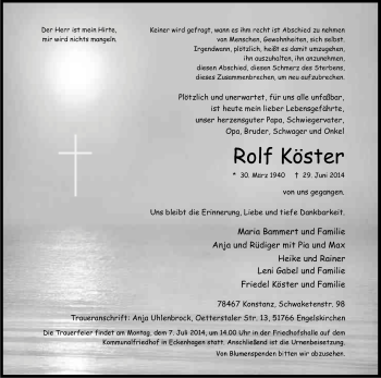 Anzeige von Rolf Köster von Kölner Stadt-Anzeiger / Kölnische Rundschau / Express