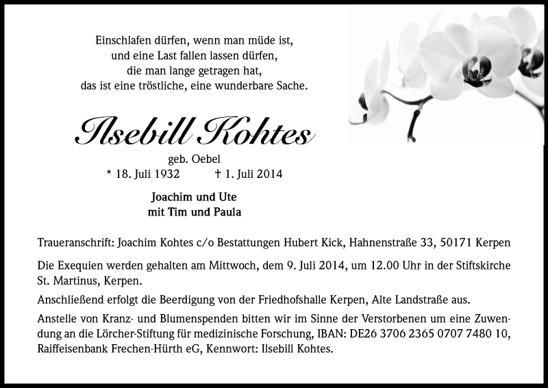  Traueranzeige für Ilsebill Kohtes vom 05.07.2014 aus Kölner Stadt-Anzeiger / Kölnische Rundschau / Express