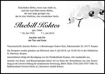 Anzeige von Ilsebill Kohtes von Kölner Stadt-Anzeiger / Kölnische Rundschau / Express