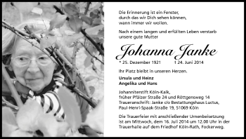 Anzeige von Johanna Janke von Kölner Stadt-Anzeiger / Kölnische Rundschau / Express