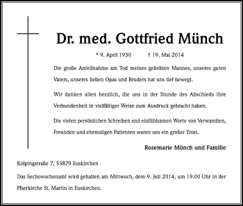 Anzeige von Gottfried Münch von Kölner Stadt-Anzeiger / Kölnische Rundschau / Express