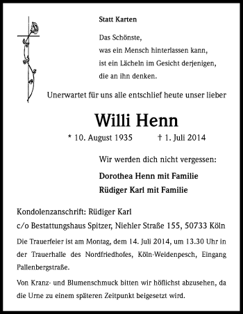 Anzeige von Willi Henn von Kölner Stadt-Anzeiger / Kölnische Rundschau / Express