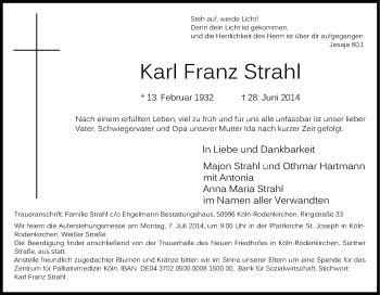 Anzeige von Karl Franz Strahl von Kölner Stadt-Anzeiger / Kölnische Rundschau / Express