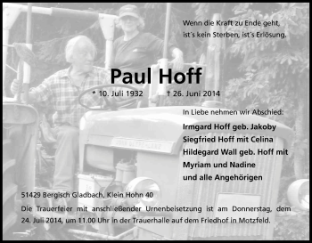 Anzeige von Paul Höff von Kölner Stadt-Anzeiger / Kölnische Rundschau / Express
