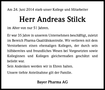 Anzeige von Andreas Stilck von Kölner Stadt-Anzeiger / Kölnische Rundschau / Express