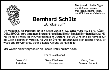 Anzeige von Bernhard Schütz von Kölner Stadt-Anzeiger / Kölnische Rundschau / Express