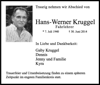 Anzeige von Hans-Werner Kruggel von Kölner Stadt-Anzeiger / Kölnische Rundschau / Express