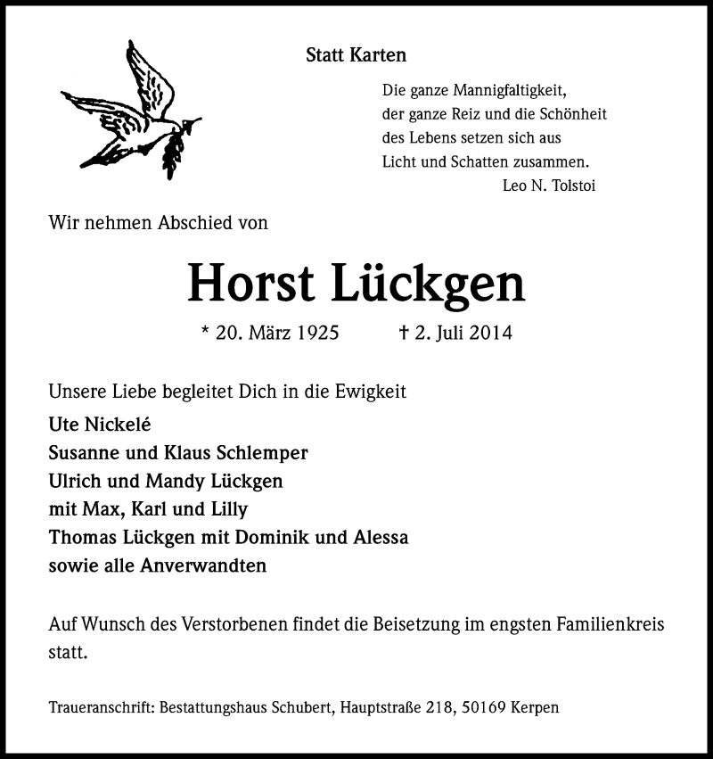  Traueranzeige für Horst Lückgen vom 05.07.2014 aus Kölner Stadt-Anzeiger / Kölnische Rundschau / Express