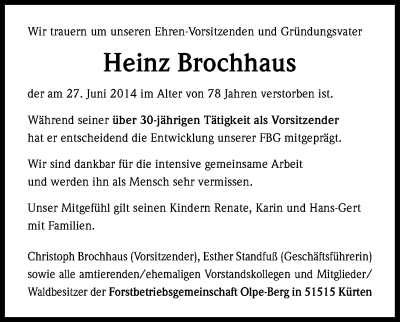  Traueranzeige für Heinz Brochhaus vom 05.07.2014 aus Kölner Stadt-Anzeiger / Kölnische Rundschau / Express