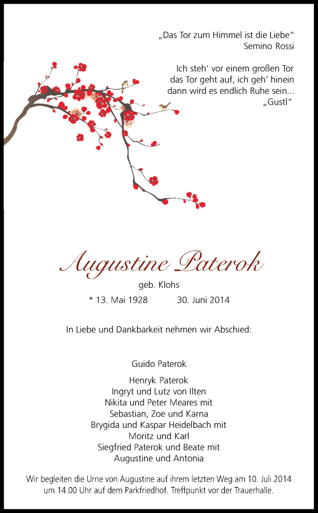  Traueranzeige für Augustine Paterok vom 05.07.2014 aus Kölner Stadt-Anzeiger / Kölnische Rundschau / Express